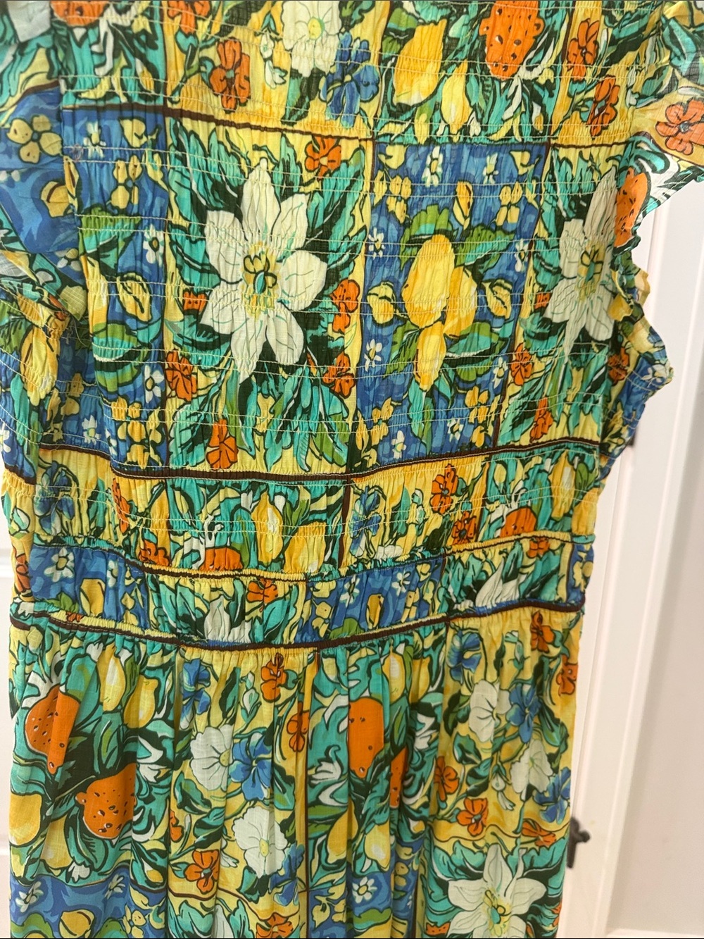 anthropology Floral Lemon Print Smoked V-Neck Maxi Dress - Green & Yellow - Picture 5 of 7